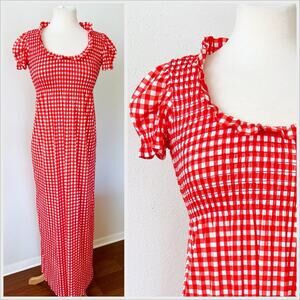 Vintage 70s Red White Gingham Maxi Dress Picnic Western // Size XS
